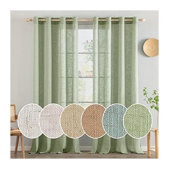 MIULEE Gardinen Vorhänge mit ösen Voile Vorhang kurz Modern Leinenoptik Halbtransparent Ösenvorhang für Wohnzimmer Kinderzimmer Raumteiler 2er Set Grün 300x140 cm