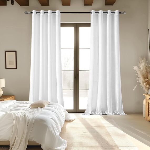MIULEE Gardinen Vorhänge mit ösen Voile Vorhang kurz Modern Leinenoptik Halbtransparent Ösenvorhang für Wohnzimmer Kinderzimmer Raumteiler 2er Set Weiß 260x140 cm