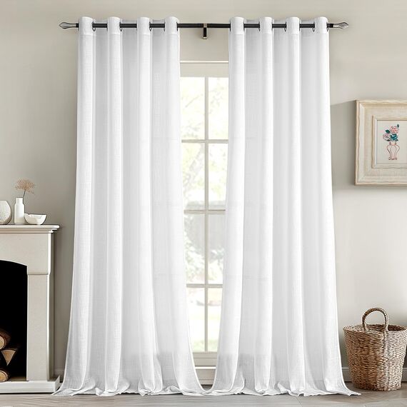 MIULEE Gardinen Vorhänge mit ösen Voile Vorhang kurz Modern Leinenoptik Halbtransparent Ösenvorhang für Wohnzimmer Kinderzimmer Raumteiler 2er Set Weiß 260x140 cm