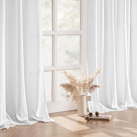 MIULEE Gardinen Vorhänge mit ösen Voile Vorhang kurz Modern Leinenoptik Halbtransparent Ösenvorhang für Wohnzimmer Kinderzimmer Raumteiler 2er Set Weiß 280x140 cm