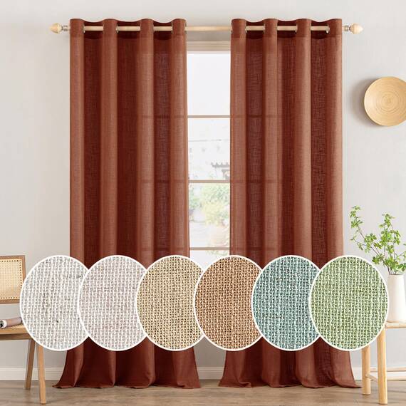 MIULEE Gardinen Vorhänge mit ösen Voile Vorhang kurz Modern Leinenoptik Halbtransparent Ösenvorhang für Wohnzimmer Kinderzimmer Raumteiler 2er Set Ziegelrot 245x140 cm