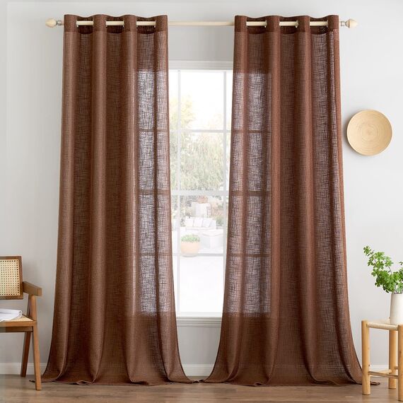 MIULEE Gardinen Vorhänge mit ösen Voile Vorhang kurz Modern Leinenoptik Halbtransparent Ösenvorhang für Wohnzimmer Kinderzimmer Raumteiler 2er Set Kaffe 245x140 cm