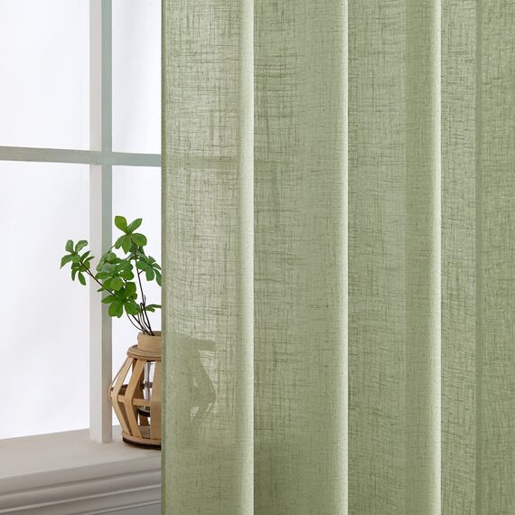 MIULEE Gardinen Vorhänge mit ösen Voile Vorhang kurz Modern Leinenoptik Halbtransparent Ösenvorhang für Wohnzimmer Kinderzimmer Raumteiler 2er Set Grün 290x140 cm
