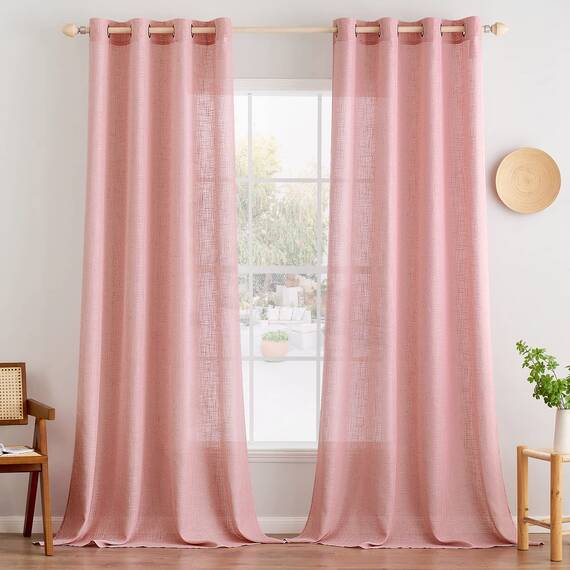 MIULEE Gardinen Vorhänge mit ösen Voile Vorhang kurz Modern Leinenoptik Halbtransparent Ösenvorhang für Wohnzimmer Kinderzimmer Raumteiler 2er Set Rosa 245x140 cm