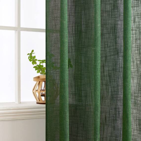 MIULEE Gardinen Vorhänge mit ösen Voile Vorhang kurz Modern Leinenoptik Halbtransparent Ösenvorhang für Wohnzimmer Kinderzimmer Raumteiler 2er Set Dunkelgrün 260x140 cm