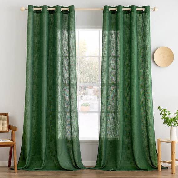 MIULEE Gardinen Vorhänge mit ösen Voile Vorhang kurz Modern Leinenoptik Halbtransparent Ösenvorhang für Wohnzimmer Kinderzimmer Raumteiler 2er Set Dunkelgrün 260x140 cm