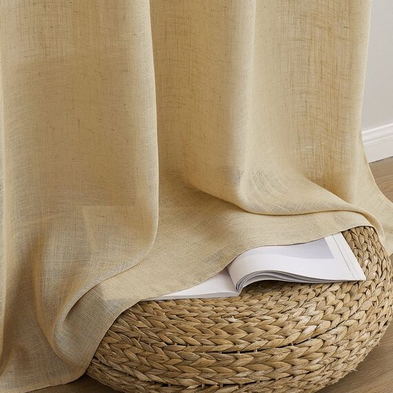 MIULEE Gardinen Vorhänge mit ösen Voile Vorhang kurz Modern Leinenoptik Halbtransparent Ösenvorhang für Wohnzimmer Kinderzimmer Raumteiler 2er Set Weizen 260x140 cm