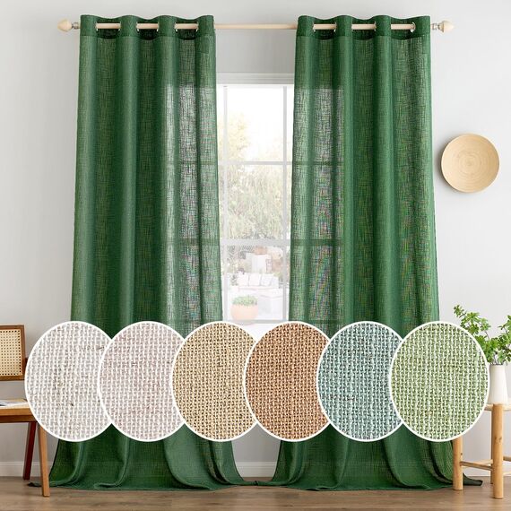 MIULEE Gardinen Vorhänge mit ösen Voile Vorhang kurz Modern Leinenoptik Halbtransparent Ösenvorhang für Wohnzimmer Kinderzimmer Raumteiler 2er Set Dunkelgrün 245x140 cm