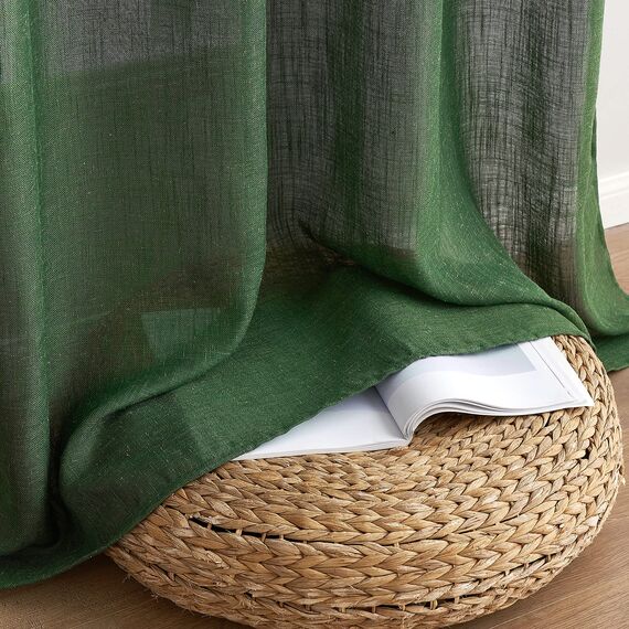 MIULEE Gardinen Vorhänge mit ösen Voile Vorhang kurz Modern Leinenoptik Halbtransparent Ösenvorhang für Wohnzimmer Kinderzimmer Raumteiler 2er Set Dunkelgrün 245x140 cm