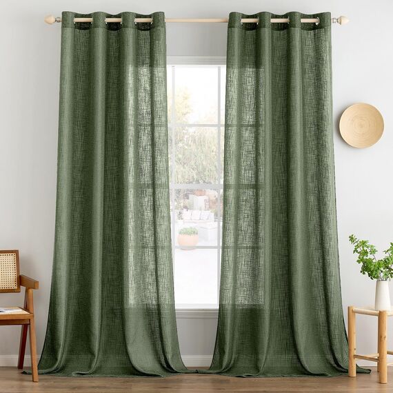MIULEE Gardinen Vorhänge mit ösen Voile Vorhang kurz Modern Leinenoptik Halbtransparent Ösenvorhang für Wohnzimmer Kinderzimmer Raumteiler 2er Set Olivgrün 280x140 cm