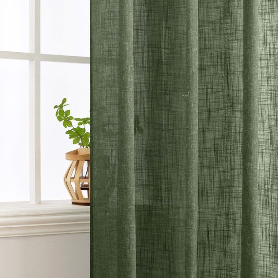 MIULEE Gardinen Vorhänge mit ösen Voile Vorhang kurz Modern Leinenoptik Halbtransparent Ösenvorhang für Wohnzimmer Kinderzimmer Raumteiler 2er Set Olivgrün 260x140 cm