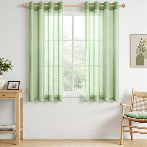CUTEWIND Voile Gardinen Wohnzimmer Kurz mit Ösen 2er Set Vorhänge Grün Transparent 160 cm Hoch 140 cm Breit Ösenschal für Küche Fenster Schlafzimmer Curtains Living Room