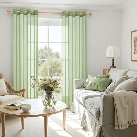 CUTEWIND Voile Gardinen mit Ösen Grün Transparent für Wohnzimmer Modern Kurz Küche Kleine Fenster H 137 x B 140 cm Grüne Vorhänge Durchsichtig Kinderzimmer Schlafzimmer 2er Set