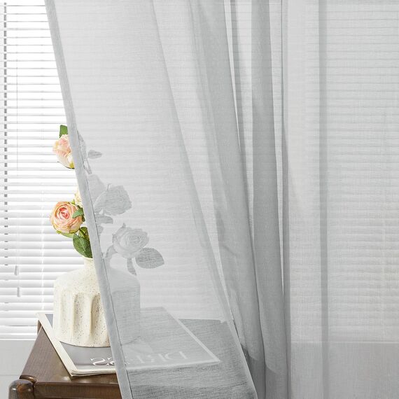 CUTEWIND Gardinen Kurz mit Ösen Vorhang Grau Transparent 2er Set, 145 cm Lang, 140 cm Breit Fenster Gardine Ösenvorhang Gardienen Schals Durchsichtig für Küche Schlafzimmer Wohnzimmer
