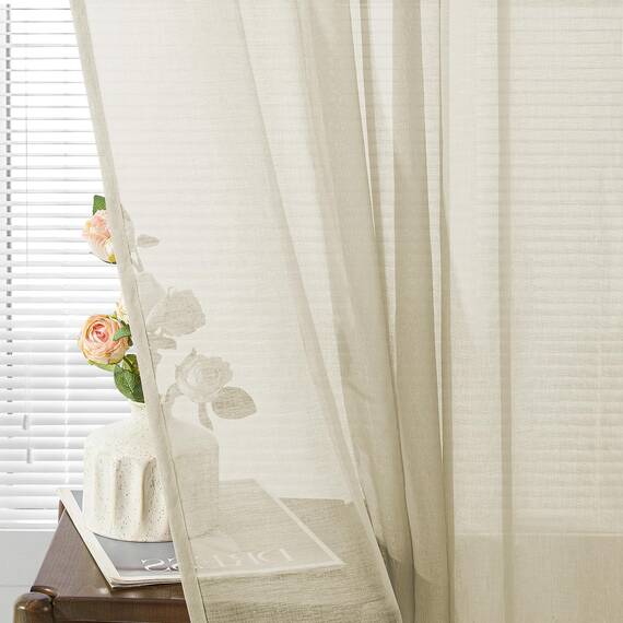 CUTEWIND Vorhänge Beige Kurz mit Ösen, Vorhang Transparent Gardinen Wohnzimmer Modern Kurz 2er Set 145 cm Lang, 140 cm Breit, Gardinen Schals Kurze Gardine Küche Fenster Sheer Curtains