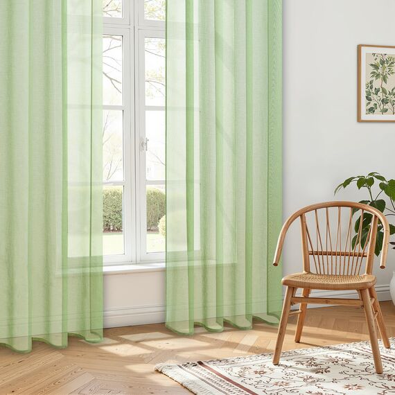 CUTEWIND Voile Gardinen mit Ösen Grün Transparent für Wohnzimmer Modern Kurz Küche Kleine Fenster H 137 x B 140 cm Grüne Vorhänge Durchsichtig Kinderzimmer Schlafzimmer 2er Set