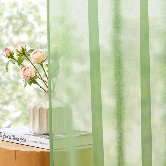 CUTEWIND Voile Gardinen mit Ösen Grün Transparent für Wohnzimmer Modern Kurz Küche Kleine Fenster H 137 x B 140 cm Grüne Vorhänge Durchsichtig Kinderzimmer Schlafzimmer 2er Set