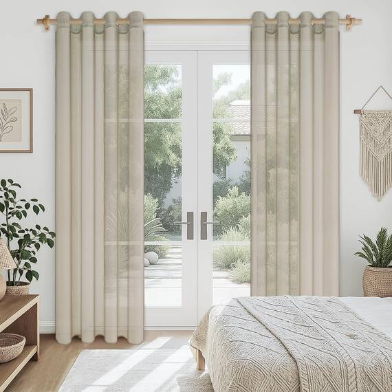 CUTEWIND Vorhänge Beige Kurz mit Ösen, Vorhang Transparent Gardinen Wohnzimmer Modern Kurz 2er Set 145 cm Lang, 140 cm Breit, Gardinen Schals Kurze Gardine Küche Fenster Sheer Curtains