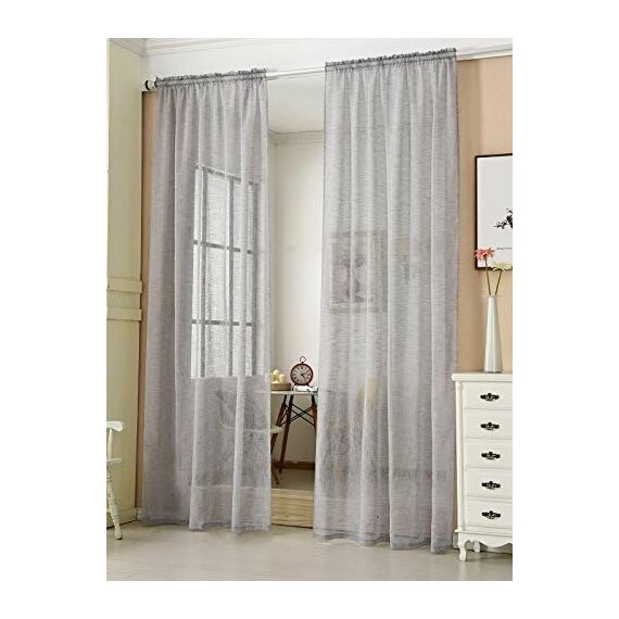 WOLTU 2er Set Gardinen, Vorhänge für Wohnzimmer Kinderzimmer Schlafzimmer, mit Kräuselband, Leinenoptik, Halbtransparent Voile, 140 x 245 cm, Hellgrau