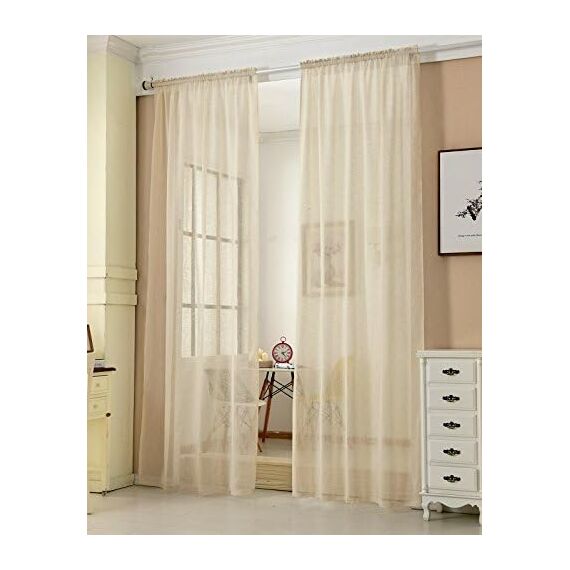 WOLTU 2er Set Gardinen, Vorhänge für Wohnzimmer Kinderzimmer Schlafzimmer, mit Kräuselband, Leinenoptik, Halbtransparent Voile, 140 x 245 cm, Sand