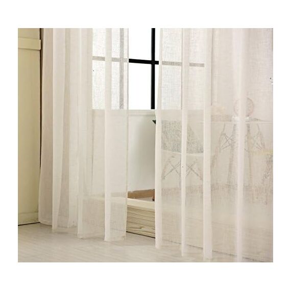 WOLTU 2er Set Gardinen, Vorhänge für Wohnzimmer Kinderzimmer Schlafzimmer, mit Kräuselband, Leinenoptik, Halbtransparent Voile, 140 x 225 cm, Creme