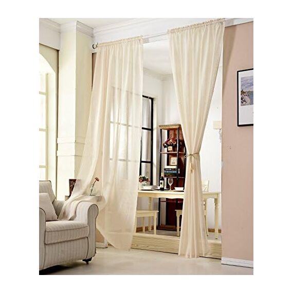 WOLTU 2er Set Gardinen, Vorhänge für Wohnzimmer Kinderzimmer Schlafzimmer, mit Kräuselband, Leinenoptik, Halbtransparent Voile, 140 x 225 cm, Sand