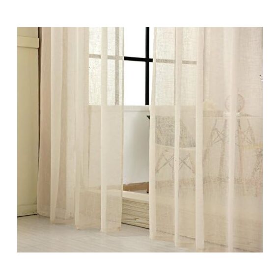 WOLTU 2er Set Gardinen, Vorhänge für Wohnzimmer Kinderzimmer Schlafzimmer, mit Kräuselband, Leinenoptik, Halbtransparent Voile, 140 x 245 cm, Sand