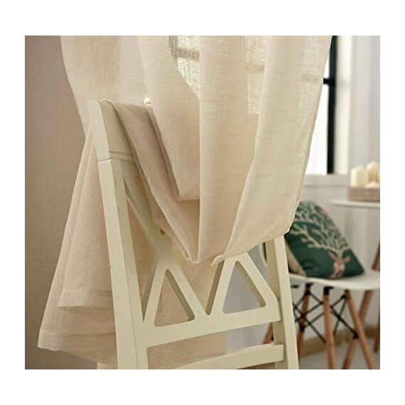 WOLTU 2er Set Gardinen, Vorhänge für Wohnzimmer Kinderzimmer Schlafzimmer, mit Kräuselband, Leinenoptik, Halbtransparent Voile, 140 x 245 cm, Sand