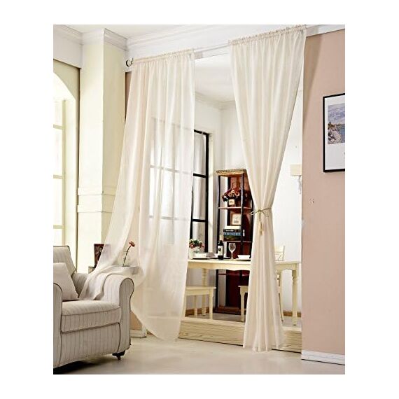 WOLTU 2er Set Gardinen, Vorhänge für Wohnzimmer Kinderzimmer Schlafzimmer, mit Kräuselband, Leinenoptik, Halbtransparent Voile, 140 x 145 cm, Creme
