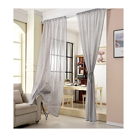 WOLTU 2er Set Gardinen, Vorhänge für Wohnzimmer Kinderzimmer Schlafzimmer, mit Kräuselband, Leinenoptik, Halbtransparent Voile, 140 x 245 cm, Hellgrau