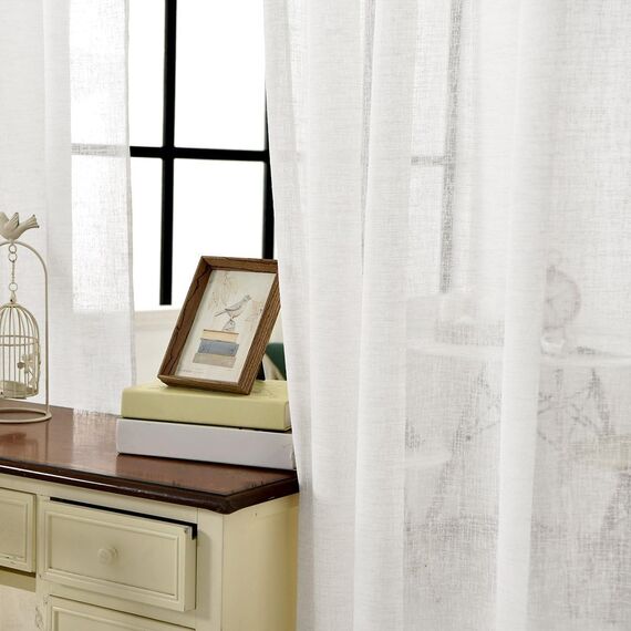 WOLTU 2er Set Gardinen, Vorhänge für Wohnzimmer Kinderzimmer Schlafzimmer, mit Kräuselband, Leinenoptik, Halbtransparent Voile, 140 x 225 cm, Weiß