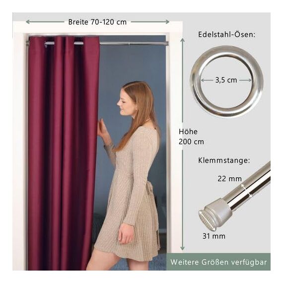 tinycurtains, Thermo Türvorhang mit Vorhangstange & Magneten zum Abdichten, einfache Montage ohne Bohren in 1 Min (195 x 150 cm rot + Stange Silber 70–120 cm + 6 Magnete)