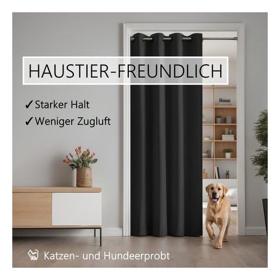 tinycurtains, Thermo Türvorhang mit Vorhangstange & Magneten zum Abdichten, einfache Montage ohne Bohren in 1 Min (195 x 150 cm schwarz + Stange Silber 55-90 cm + 6 Magnete)