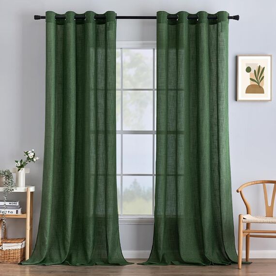 MIULEE Gardinen Vorhänge Schlafzimmer Vorhang Dunkelgrün Gardine Wohnzimmer Leinenoptik Gardinen mit Ösen Fenster Halbtransparent Vorhang Modern Innen Balkontür Küche Vorhänge 140 x 260 cm