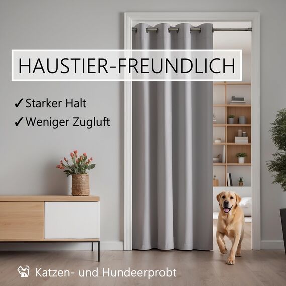 tinycurtains, Thermo Türvorhang mit Vorhangstange & Magneten zum Abdichten, einfache Montage ohne Bohren in 1 Min (195 x 150 cm hellgrau + Stange Silber 70–120 cm + 6 Magnete)