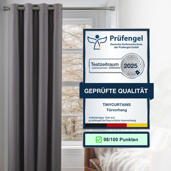 tinycurtains, Thermo Türvorhang mit Vorhangstange & Magneten zum Abdichten, einfache Montage ohne Bohren in 1 Min (200 x 150 cm grau + Stange Silber 70–120 cm + 6 Magnete)