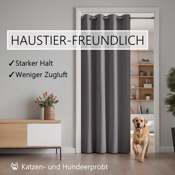 tinycurtains, Thermo Türvorhang mit Vorhangstange & Magneten zum Abdichten, einfache Montage ohne Bohren in 1 Min (200 x 150 cm grau + Stange Silber 70–120 cm + 6 Magnete)