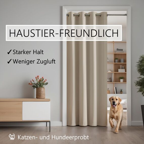 tinycurtains, Thermo Türvorhang mit Vorhangstange & Magneten zum Abdichten, einfache Montage ohne Bohren in 1 Min (200 x 150 cm beige + Stange Silber 70–120 cm + 6 Magnete)