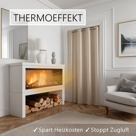 tinycurtains, Thermo Türvorhang mit Vorhangstange & Magneten zum Abdichten, einfache Montage ohne Bohren in 1 Min (195 x 150 cm beige + Stange Silber 70–120 cm + 6 Magnete)