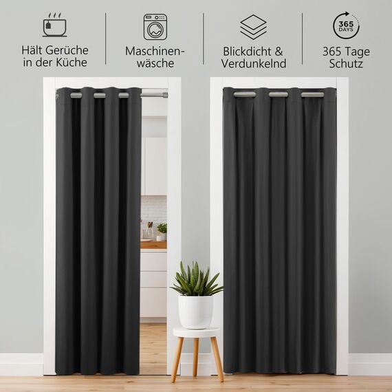 tinycurtains, Thermo Türvorhang mit Vorhangstange & Magneten zum Abdichten, einfache Montage ohne Bohren in 1 Min (200 x 150 cm schwarz + Stange Silber 55-90 cm + 6 Magnete)
