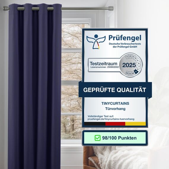 tinycurtains, Thermo Türvorhang mit Vorhangstange & Magneten zum Abdichten, einfache Montage ohne Bohren in 1 Min (195 x 150 cm blau + Stange Silber 55-90 cm + 6 Magnete)