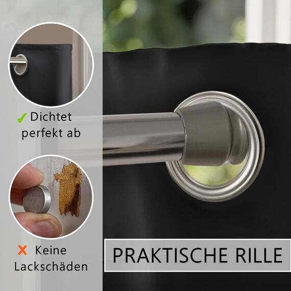 tinycurtains, Thermo Türvorhang mit Vorhangstange & Magneten zum Abdichten, einfache Montage ohne Bohren in 1 Min (200 x 150 cm schwarz + Stange Silber 70–120 cm + 6 Magnete)