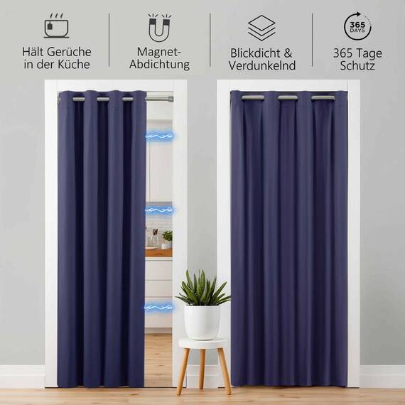 tinycurtains, Thermo Türvorhang mit Vorhangstange & Magneten zum Abdichten, einfache Montage ohne Bohren in 1 Min (210 x 150 cm blau + Stange Silber 70–120 cm + 6 Magnete)