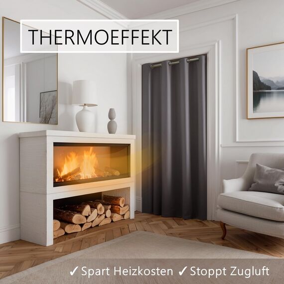 tinycurtains, Thermo Türvorhang mit Vorhangstange & Magneten zum Abdichten, einfache Montage ohne Bohren in 1 Min (210 x 150 cm grau + Stange Silber 70–120 cm + 6 Magnete)