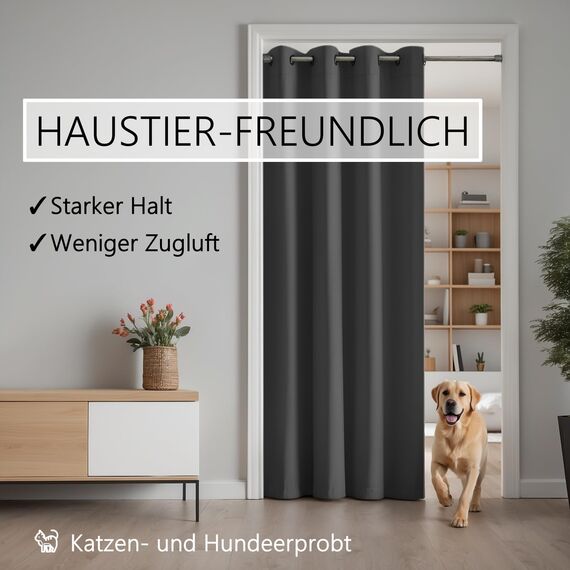 tinycurtains, Thermo Türvorhang mit Vorhangstange & Magneten zum Abdichten, einfache Montage ohne Bohren in 1 Min (200 x 150 cm anthrazit + Stange Silber 70–120 cm + 6 Magnete)