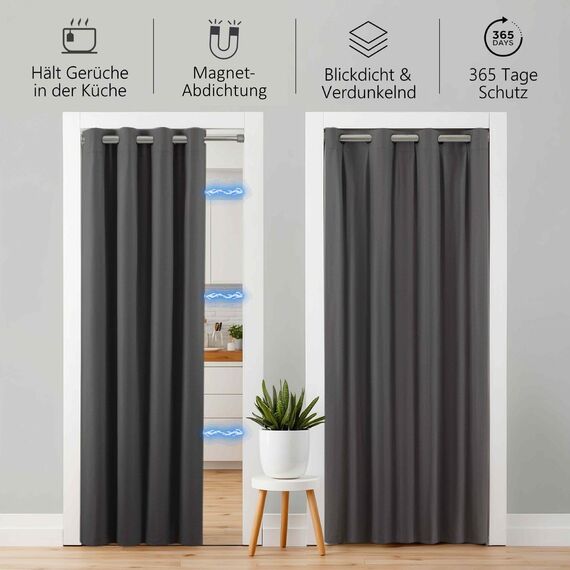 tinycurtains, Thermo Türvorhang mit Vorhangstange & Magneten zum Abdichten, einfache Montage ohne Bohren in 1 Min (210 x 150 cm anthrazit + Stange Silber 70–120 cm + 6 Magnete)