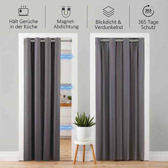 tinycurtains, Thermo Türvorhang mit Vorhangstange & Magneten zum Abdichten, einfache Montage ohne Bohren in 1 Min (195 x 150 cm grau + Stange Silber 70–120 cm + 6 Magnete)