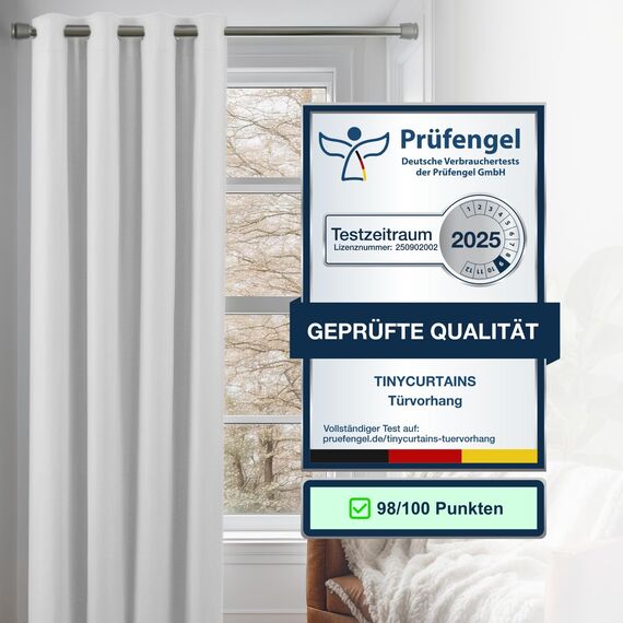 tinycurtains, Thermo Türvorhang mit Vorhangstange & Magneten zum Abdichten, einfache Montage ohne Bohren in 1 Min (195 x 150 cm weiß + Stange Silber 70–120 cm + 6 Magnete)