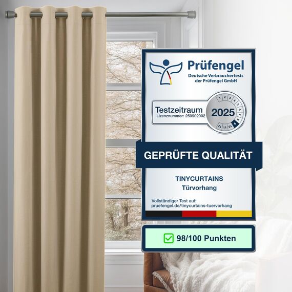 tinycurtains, Thermo Türvorhang mit Vorhangstange & Magneten zum Abdichten, einfache Montage ohne Bohren in 1 Min (195 x 150 cm beige + Stange Silber 70–120 cm + 6 Magnete)