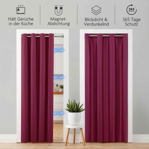 tinycurtains, Thermo Türvorhang mit Vorhangstange & Magneten zum Abdichten, einfache Montage ohne Bohren in 1 Min (195 x 150 cm rot + Stange Silber 70–120 cm + 6 Magnete)